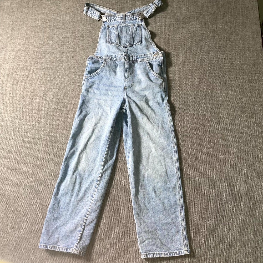 H&M Bib Overalls Kids 8 Light Blue Whiskered Denim‎ Cotton Adjustable Suspenders